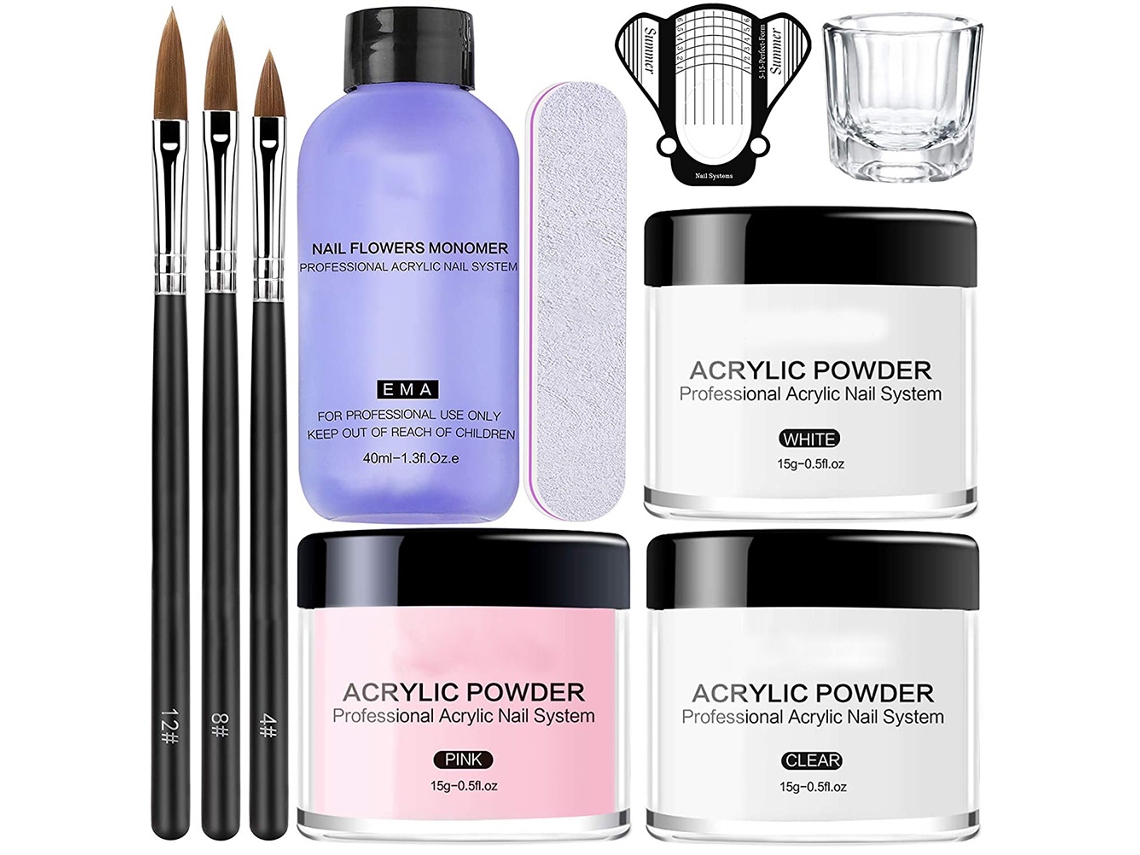 Kit de Pó Acrílico Rebe para Unhas com Líquido e Pincel - Ferramentas de Manicure para Alongamento e Decoração de Unhas