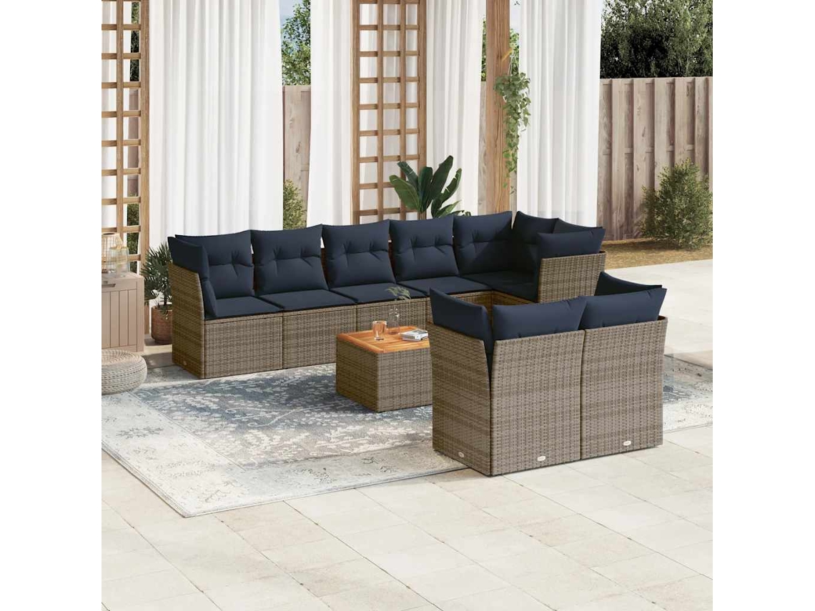 Vidaxl 9 Pcs Conjunto Sofás P/ Jardim C/ Almofadões Vime Pe Cinzento