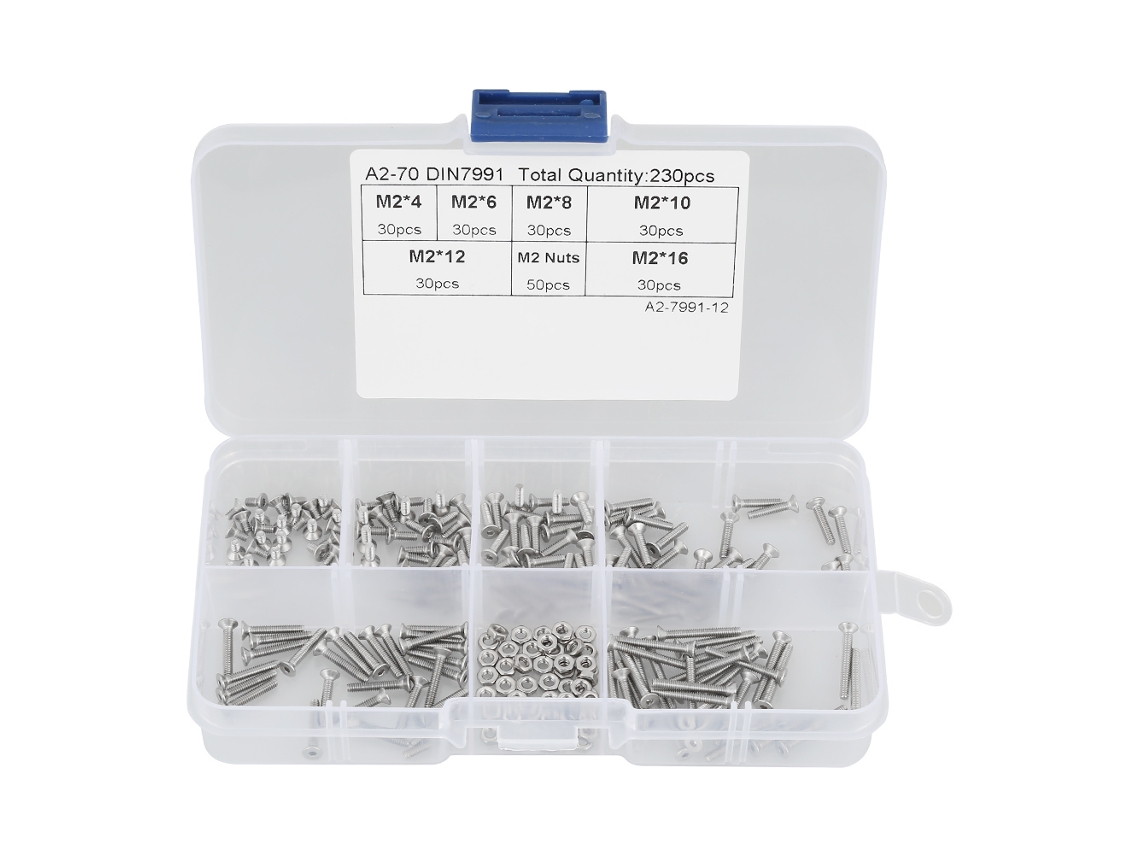 Conjunto De 230 Peças De Parafusos E Porcas De Cabeça Chata M2 Em Aço Inoxidável 304 (com Caixa De Armazenamento)