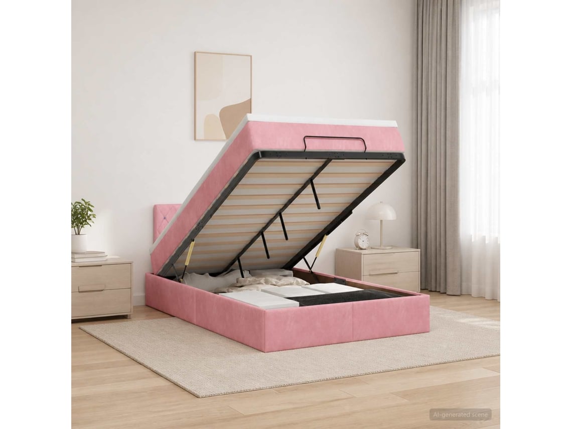 Vidaxl Cama Ottoman Com Colchão Com Cabeceira Rosa 120 X 190 Cm Veludo