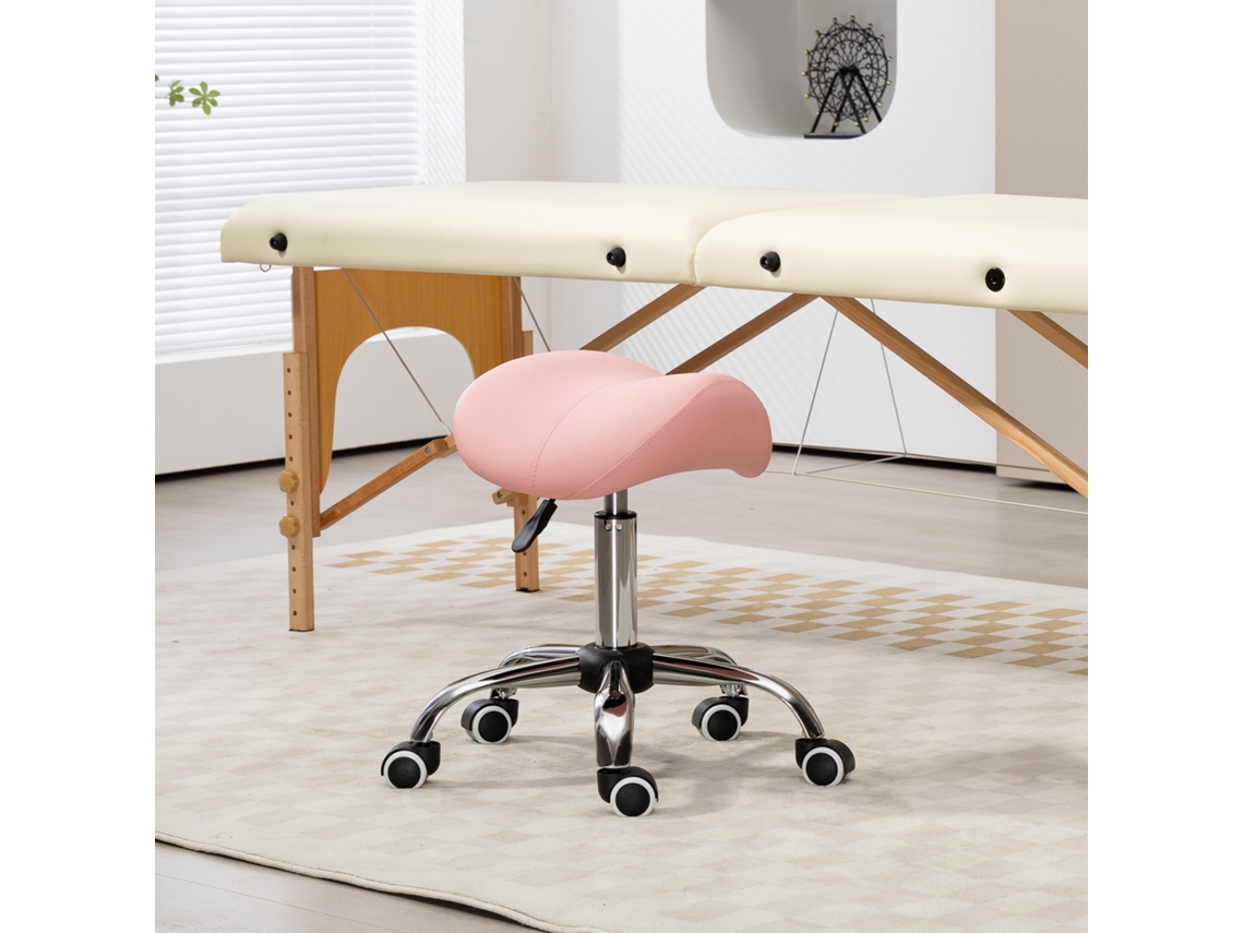 Taburete com Rodinhas, Cadeira de Trabalho com Altura Ajustável 49 61 Cm e Assento Ergonómico, 52x53x49 61cm, Rosa