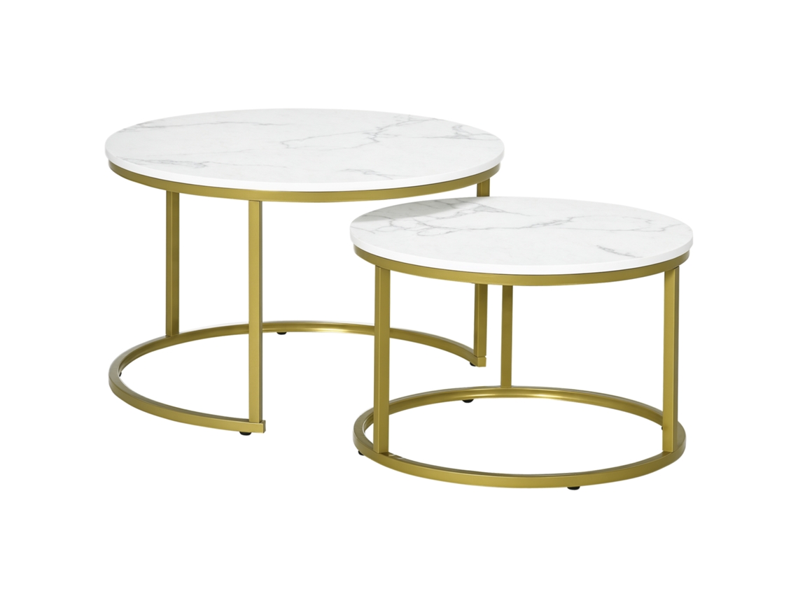Conjunto de 2 mesas de centro redondas, mármore, aço, 74x46,3cm ouro branco | S/MARCA