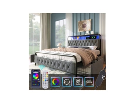 Cama De Casal Estofada Com Função De Carregamento Usb Tipo C, Estrutura De Cama Led Com Controle Por Aplicativo, Estrutura De Cama De Metal 160×200 E