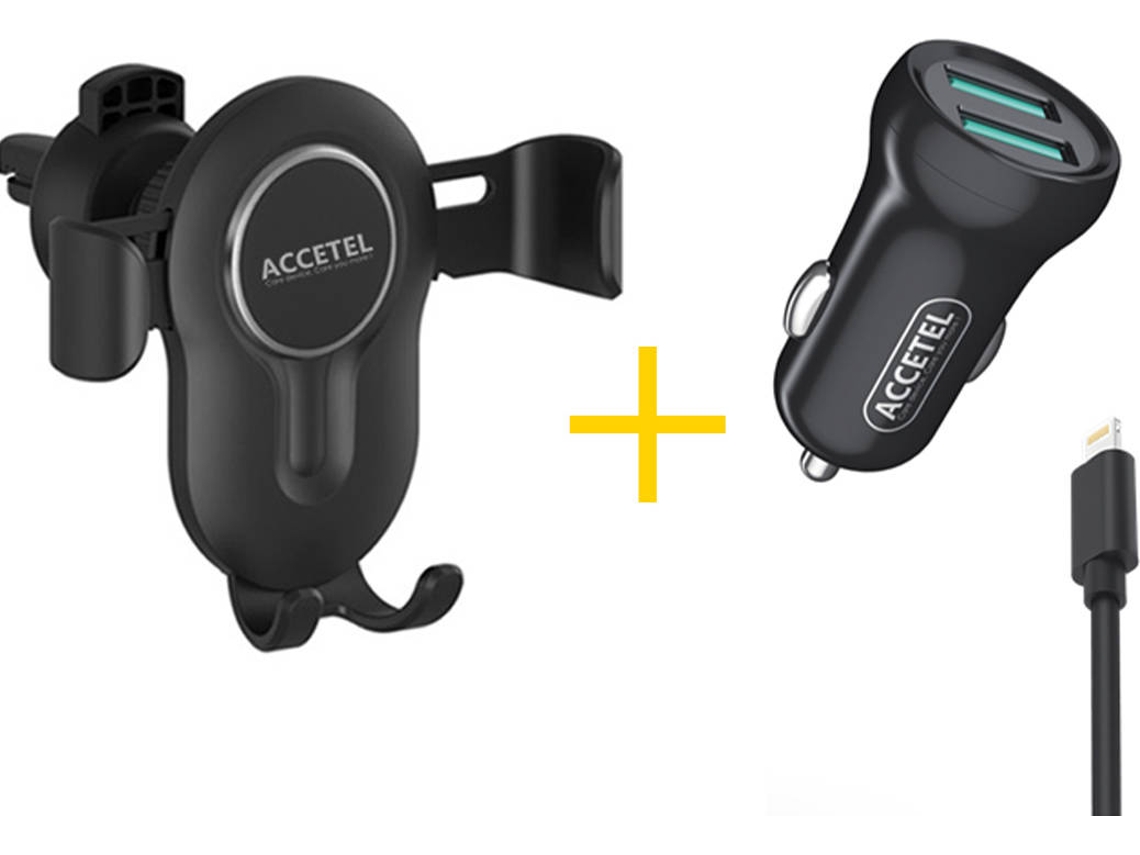 Kit Carregador Carro para iPhone 12 Pro ACCETEL SP118 (2.4A - Lightning - Preto)