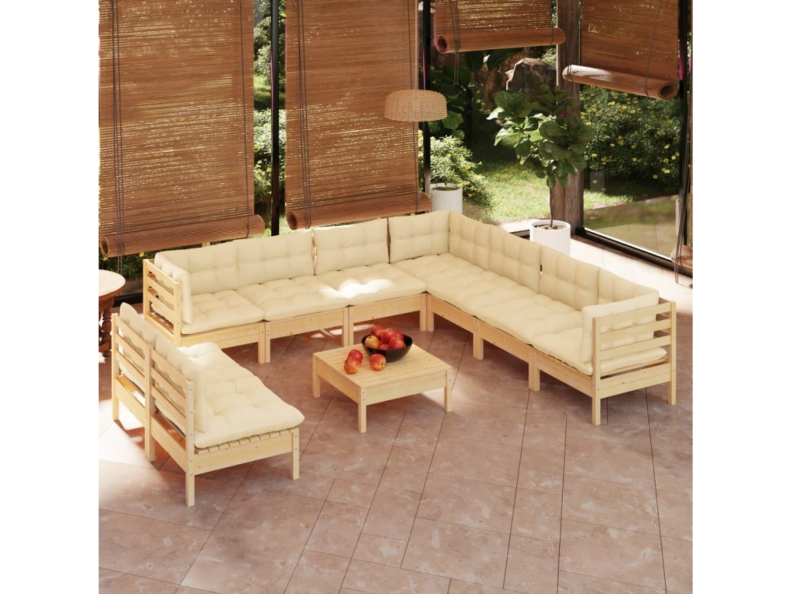 Vidaxl 10 Pcs Conjunto Lounge Jardim C/ Almofadões Creme Pinho Maciço