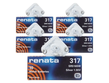 RENATA 317 Sr516Sw 5Pack X 10Pcs = 50 Silver 1.55V Bateria de Relógio Feita na Suíça
