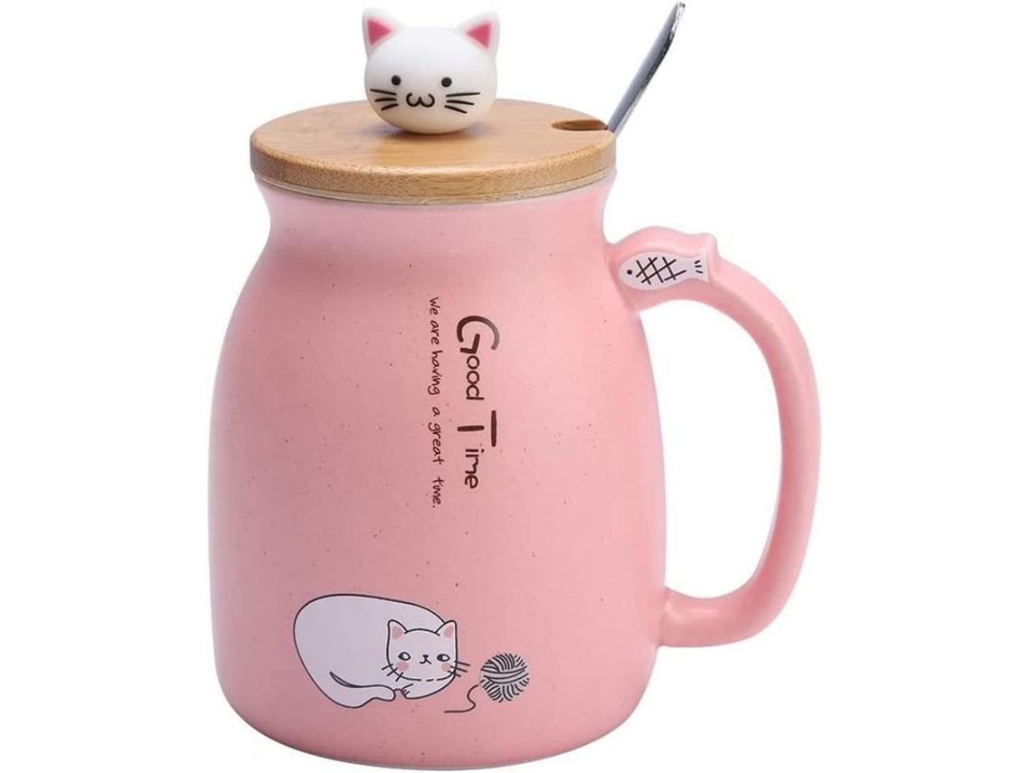 Caneca de cerâmica fofa com tampa em formato de gato e colher de aço inoxidável para café, chá e leite, 380ml
