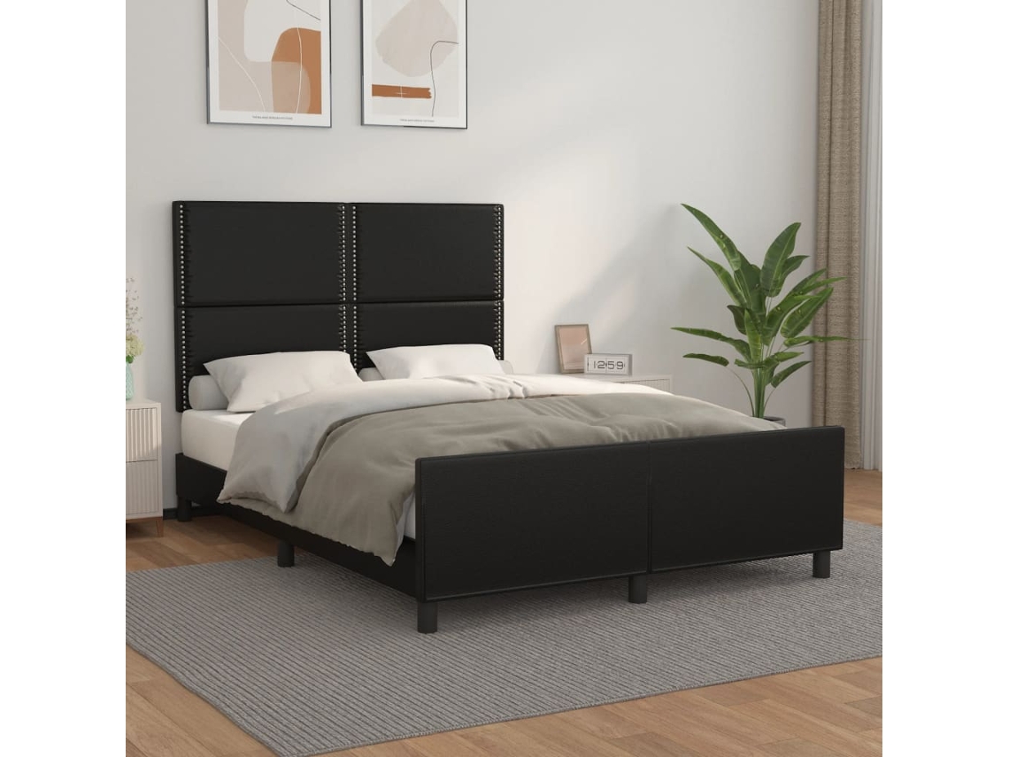 Estrutura Cama C/ Cabeceira 140x190 Cm Couro Artificial Preto
