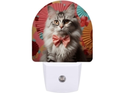Luminária de parede noturna com estampa de gato e laço, LED com sensor de movimento, luz branca suave.