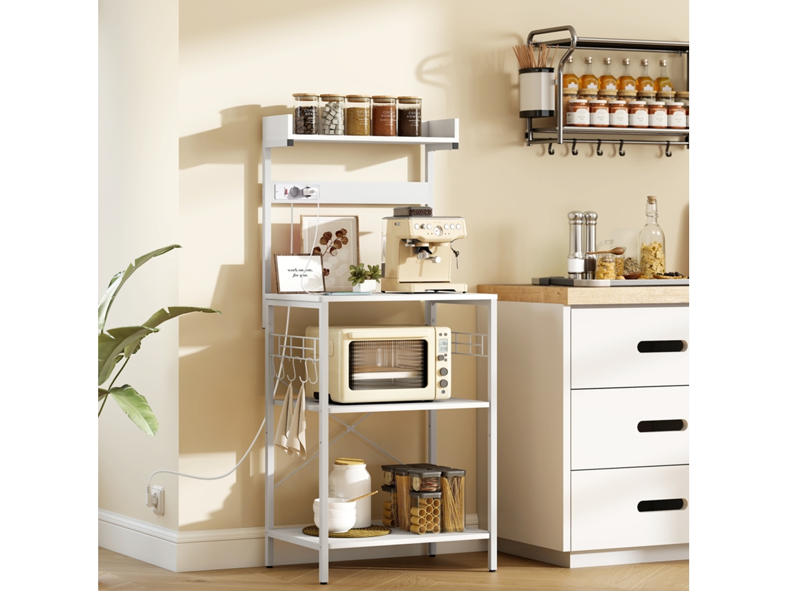 Estante de cozinha com 2 tomadas, prateleira para micro-ondas, ajustável, ganchos, 60x42x137cm, branco S/MARCA