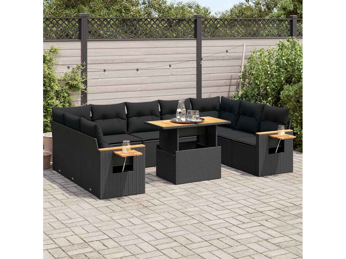 Vidaxl 10 Pcs Conjunto Sofás Jardim C/ Almofadões Vime Pe/acácia Preto