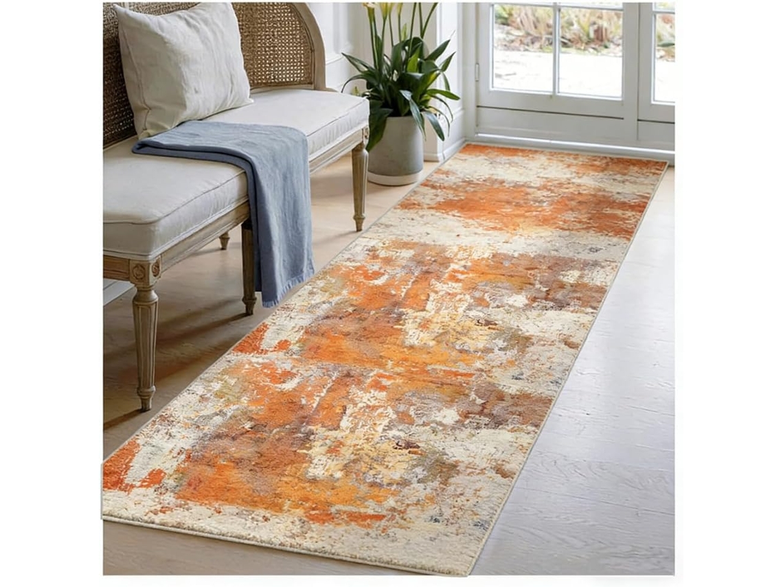 Tapete Passadeira Comprido 40x180 Cm, Moderno, Laranja, Antiderrapante, Lavável À Máquina, Macio, Para Sala De
