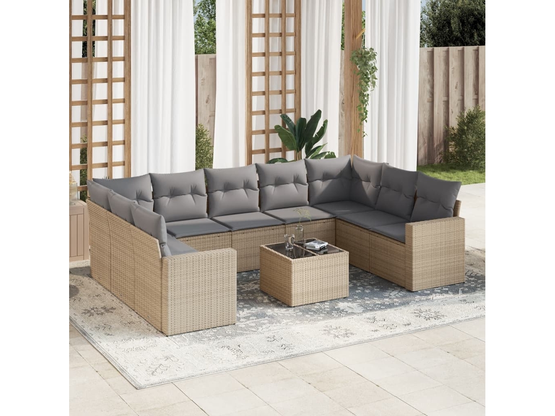 Vidaxl 10 Pcs Conjunto De Sofás P/ Jardim Com Almofadões Vime Pe Bege