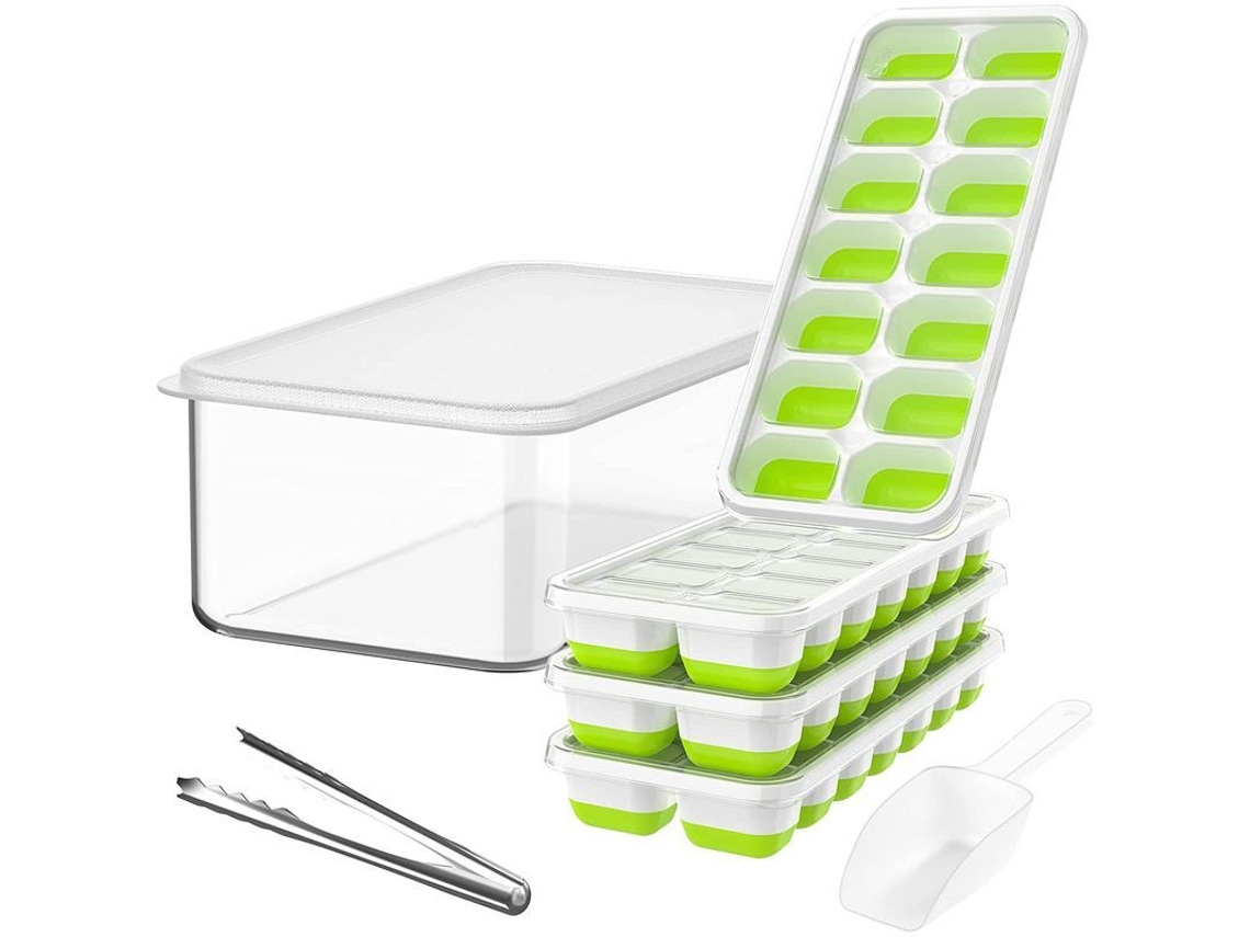 Conjunto de 4 Bandejas de Gelo de Plástico com Tampa, Caixa, Clips e Espátulas, Verde | S/MARCA