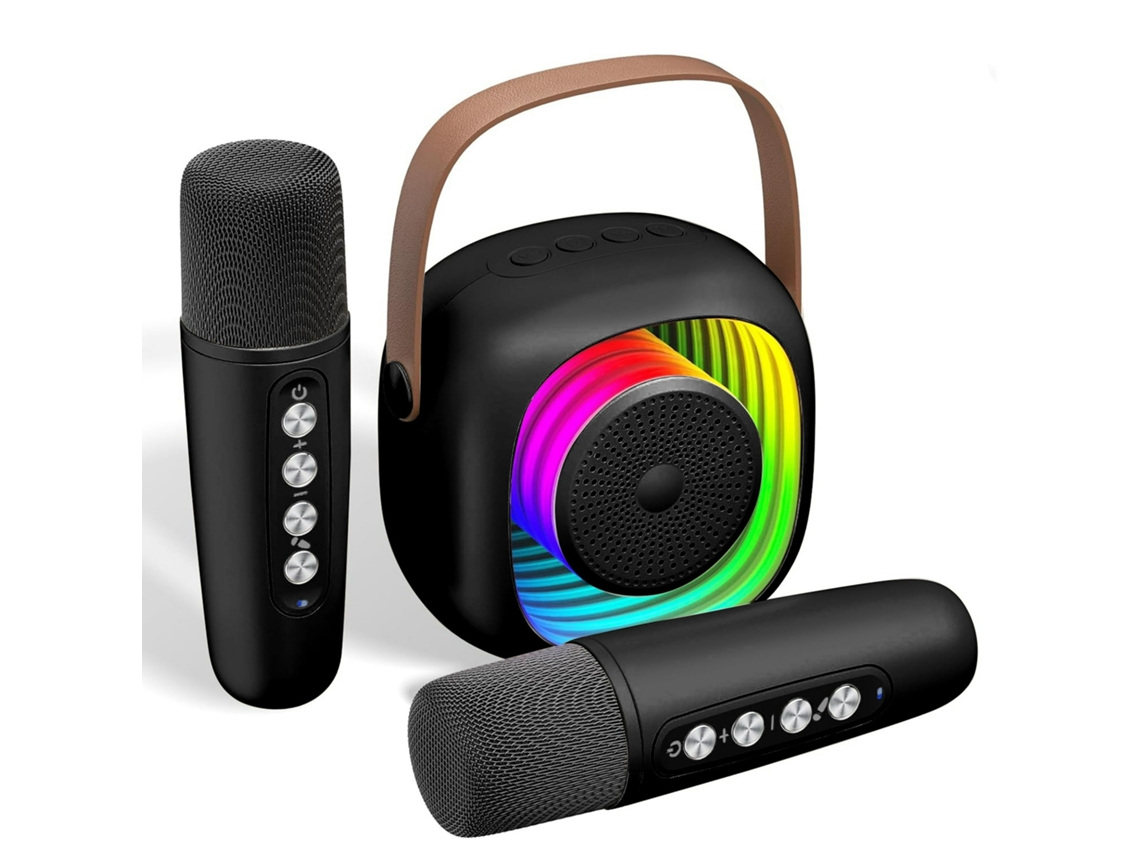Mini Máquina De Karaokê Infantil, Caixa De Som Bluetooth Portátil Com 2 Microfones Sem Fio, Preta. Aquaforge