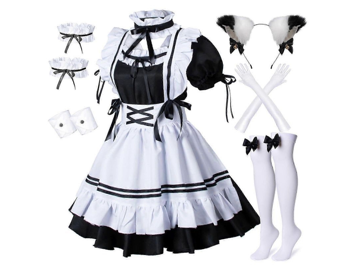 Fantasia de cosplay de empregada francesa anime lolita com acessórios orelhas de gato e meias 4xl preto branco