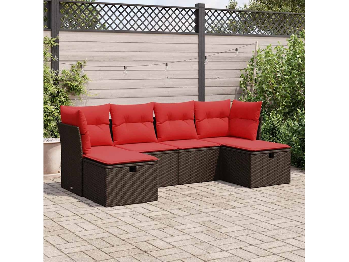 Vidaxl 6 Pcs Conjunto De Sofás Jardim C/ Almofadões Vime Pe Castanho