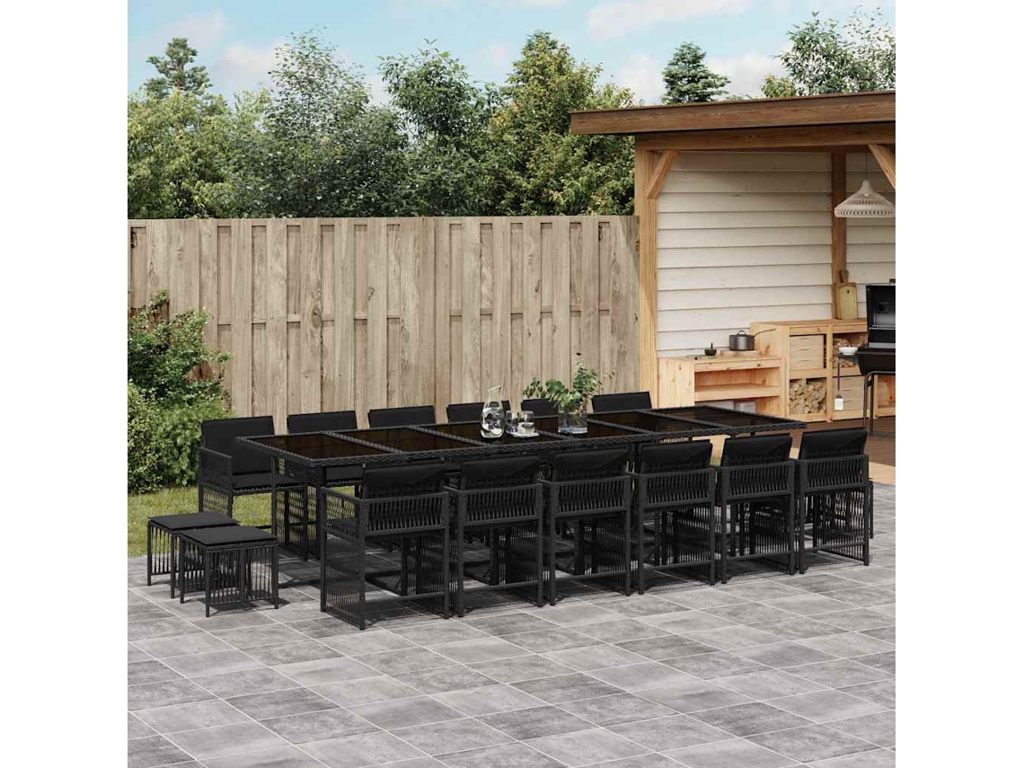 Vidaxl 17 Pcs Conjunto De Jantar P/ Jardim C/ Almofadões Vime Pe Preto