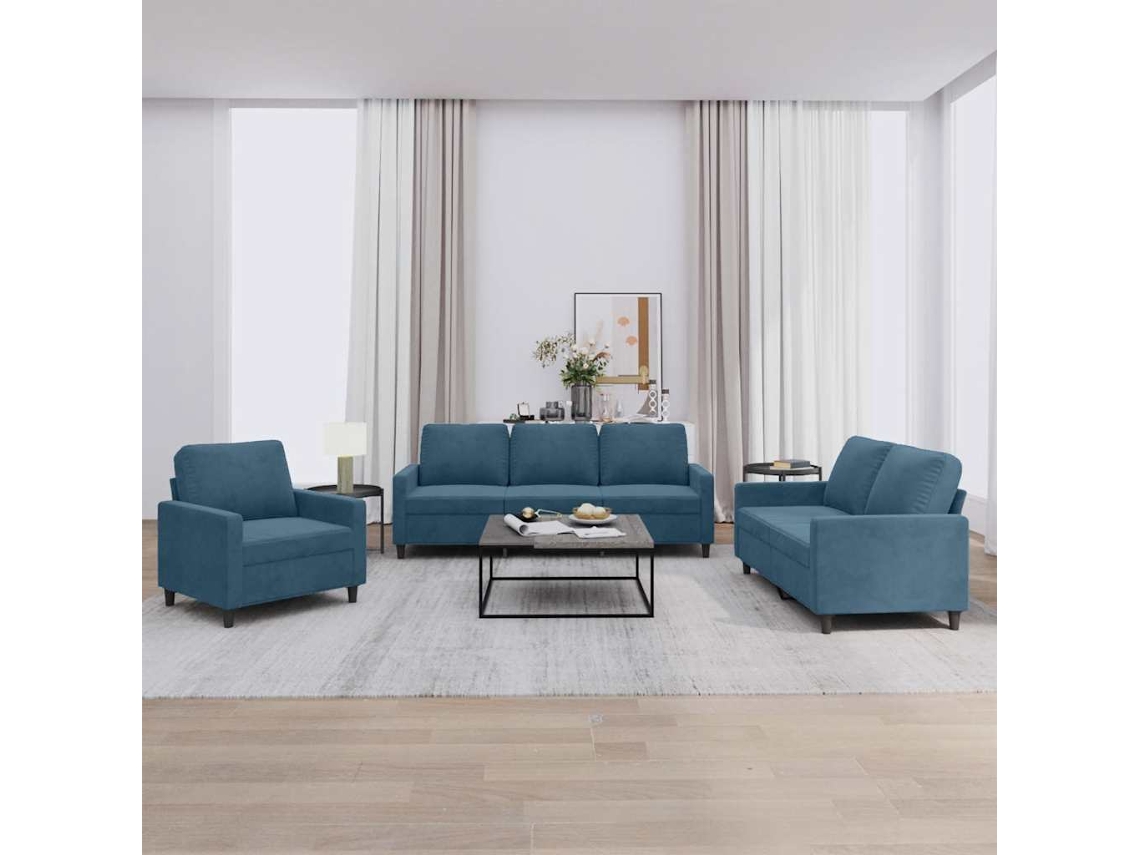 Vidaxl 3 Pcs Conjunto De Sofás Com Almofadões Veludo Azul