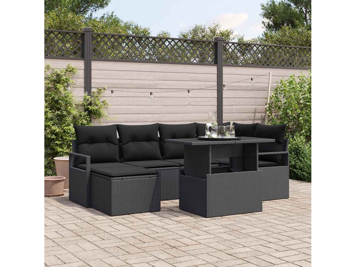 Vidaxl Conjunto de Sofá de Jardim 7 Pcs Preto Rattan Sintético