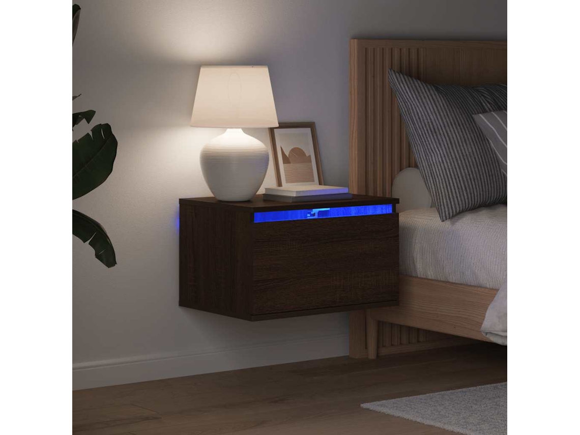 Vidaxl Mesa De Cabeceira De Parede Com Luzes Led Carvalho Castanho