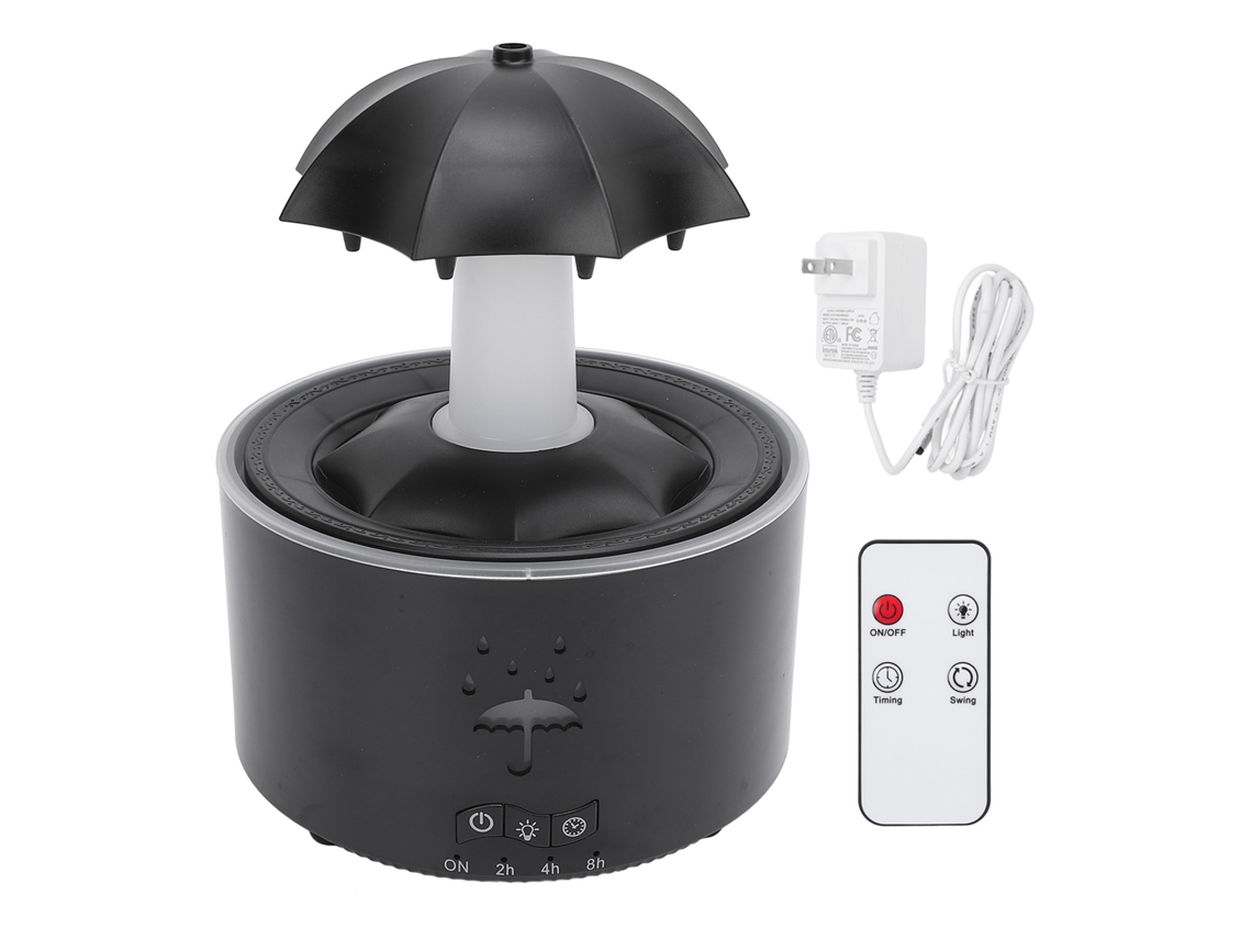 Umidificador Gotas de Água Giratórias com Difusor de Óleos Essenciais Luzes Led Controle Remoto 300ml Preto