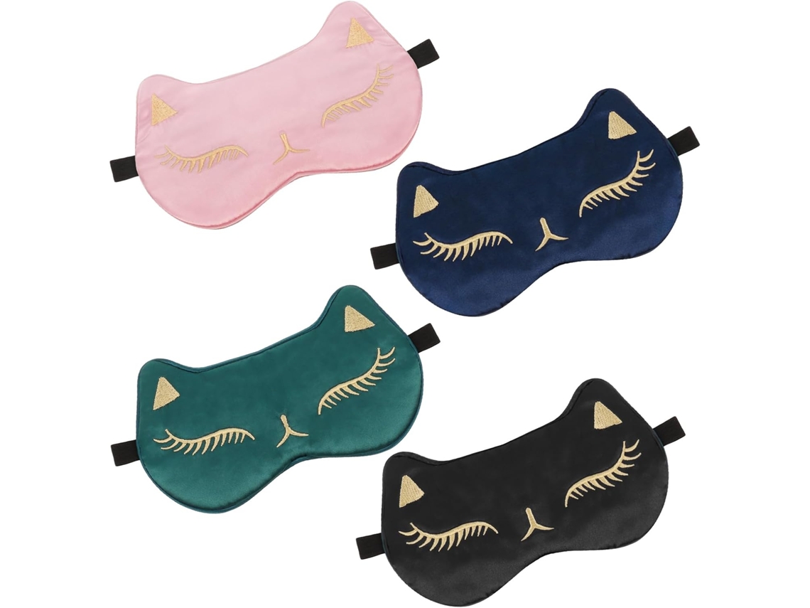 Pacote com 4 Máscaras de Dormir, Macias e Fofas com Estampa de Gato, Alça Ajustável AQUAFORGE (preta, Verde e Azul)