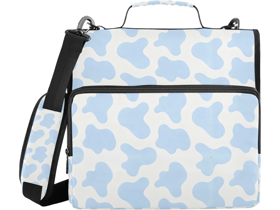 Pasta Organizadora De Documentos Azul Clara Com Estampa Vaca, Alça De Ombro, Vários Bolsos De 3, 8cm, 3 Estojos Em