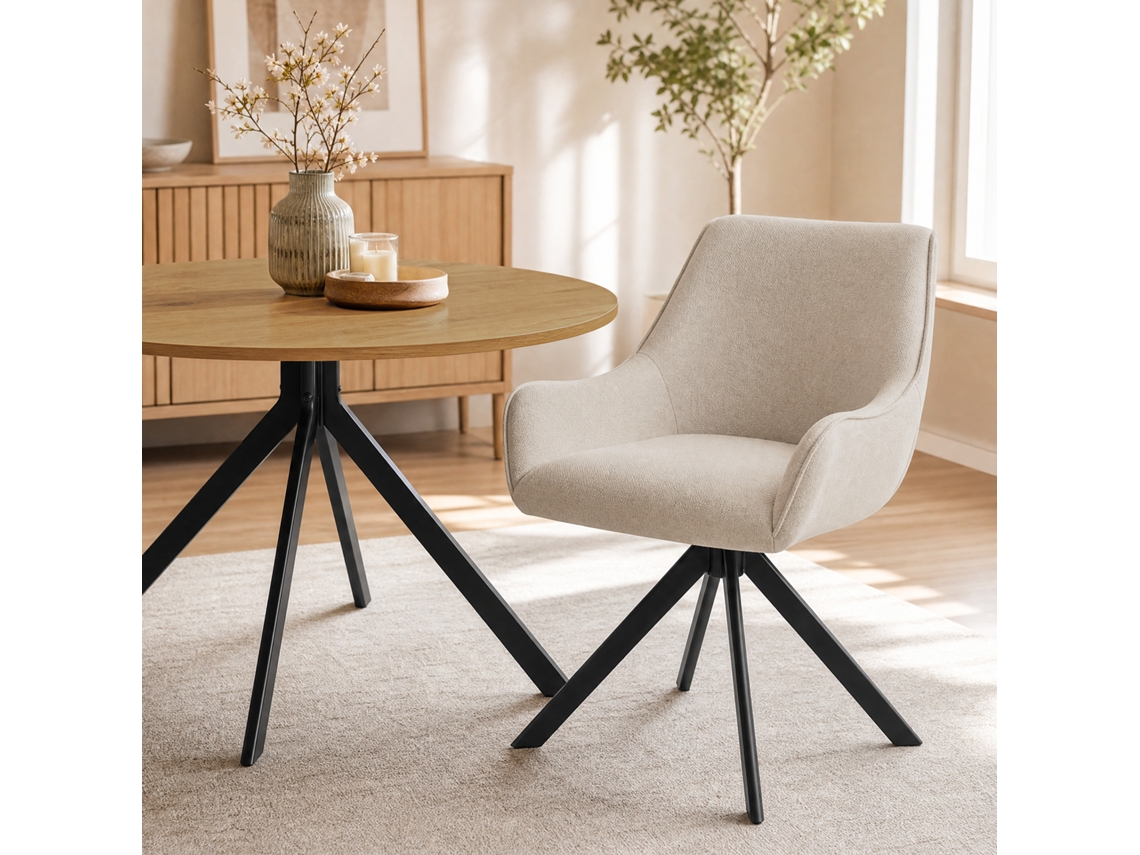 Goeurvant 1001 Mesa De Jantar Redonda Ø100cm Carvalho Natural E Metal Preto - Conjunto Com 2 Cadeiras Giratórias Beige