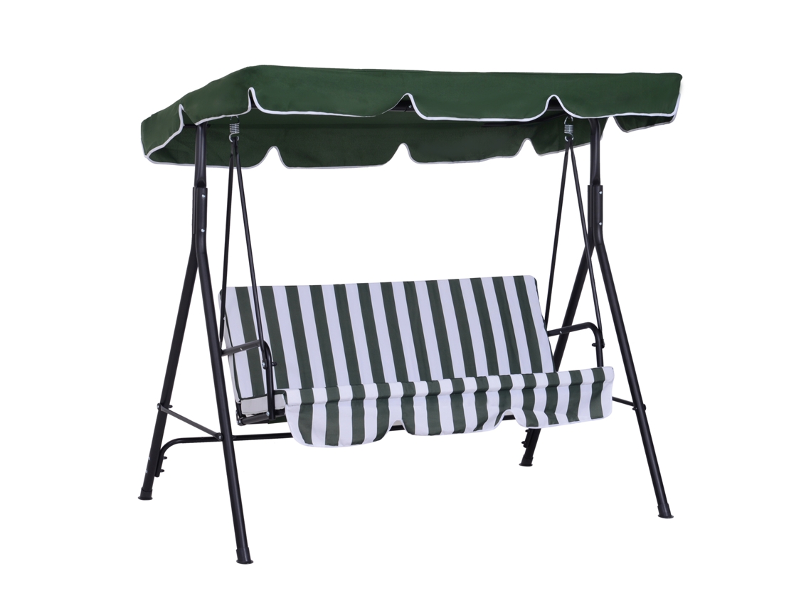 Baloiço De Jardim De 3 Lugares Com Almofada Toldo Ajustável E Estrutura De Aço Para Balcão Terraço 172x110x153 Cm Verde