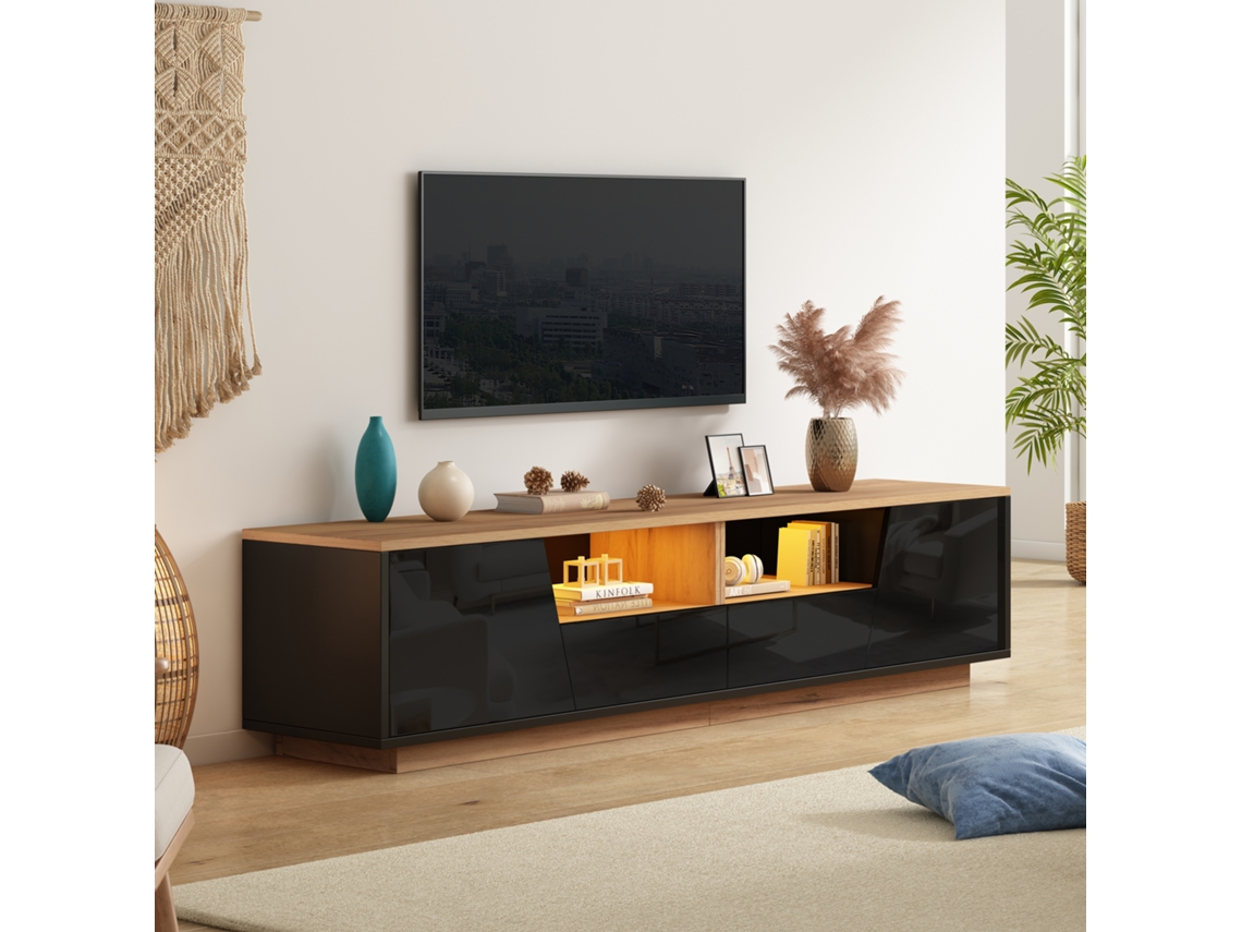 Suporte Para Tv Led De 180 Cm, 2 Gavetas, 2 Armários, Para Tvs De 75 Polegadas, Madeira Preta.
