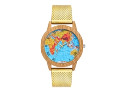 Reloj De Cuarzo Unisex Pareja Dial Mapa Colorido Madera Oro
