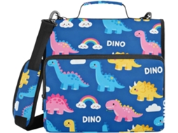 Pasta organizadora de 3 argolas com estampa de dinossauro e arco-íris, com alça, para diversas bolsas, ideal para estudantes.