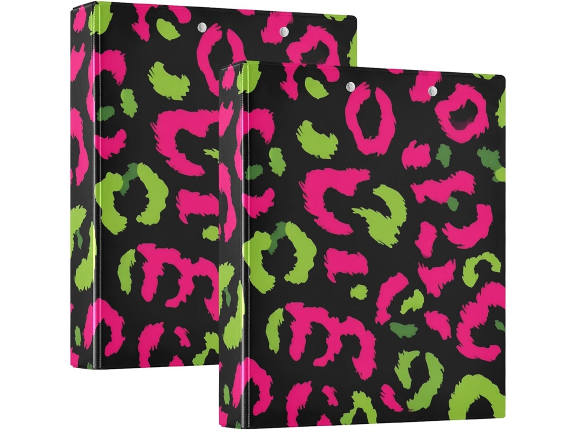 Pasta escolar de 3,8 cm com estampa de leopardo verde claro, 3 argolas com bolsos, embalagem com 1 ou 2 unidades, capa rígida