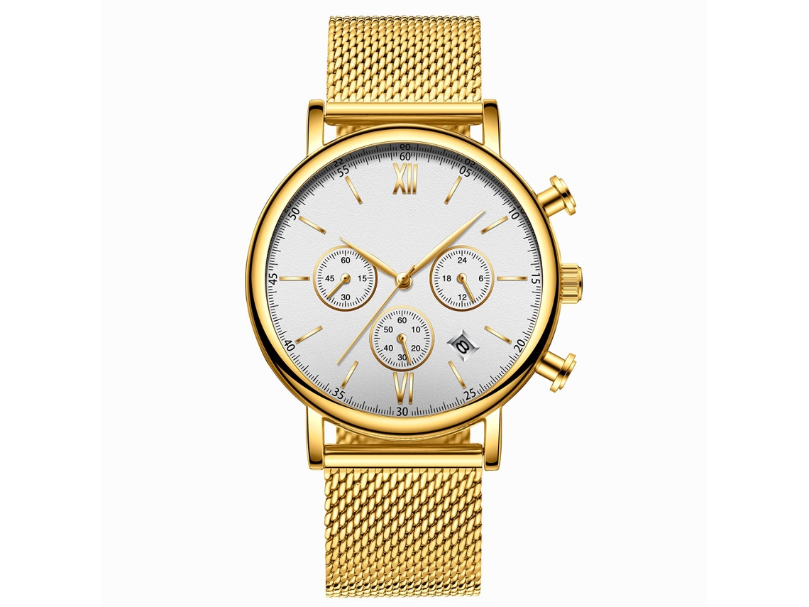 Relógio de pulso masculino Biden ultrafino à prova d'água com mecanismo de quartzo e pulseira de malha (mostrador branco, pulseira dourada)