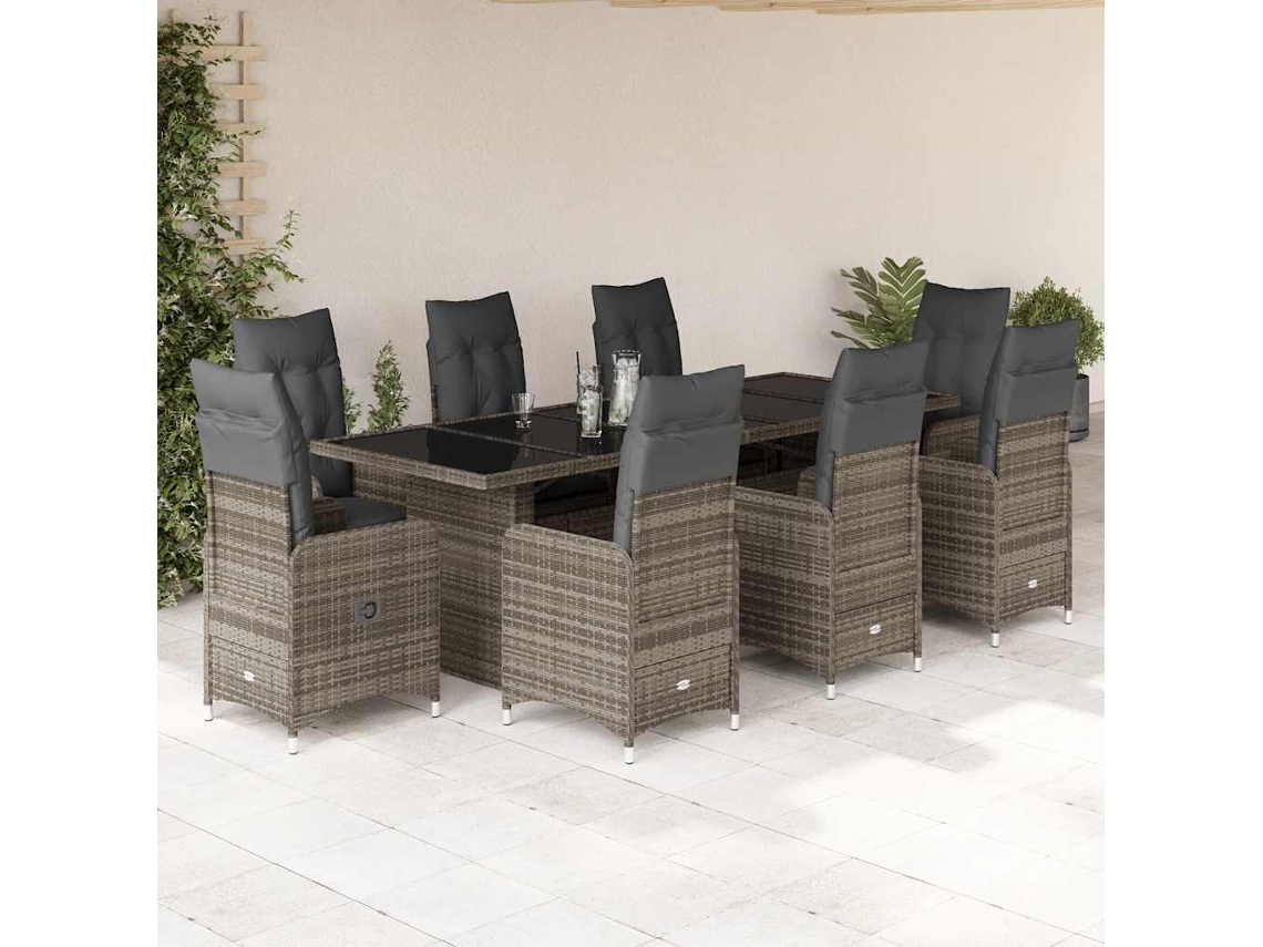Conjunto 9 Peças Bistrô De Jardim C/ Almofadões Vime Pe Cinzento Dkd Home Decor