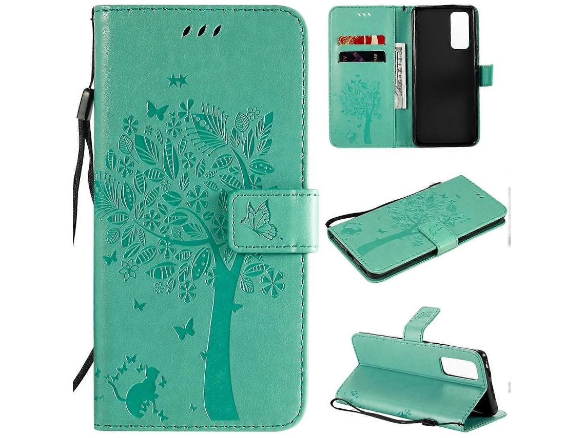 Capa De Couro Com Aba Horizontal, Estampa De Árvore E Gato Em Relevo, Com Suporte, Compartimentos Para Cartões, Carteira E Cordão Para Huawei Honor 30