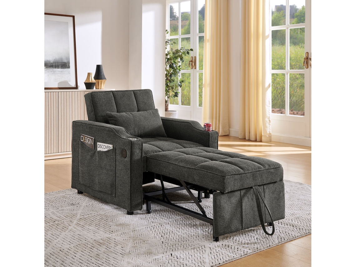 Sofá-cama 3-em-1, Minimalista, Usb, Cinza-pl