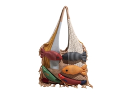 Mala De Ombro Tote Bag Feminina Em Malha Com Peixes E Franjas - Grande Capacidade - Estilo Lindo - Caqui
