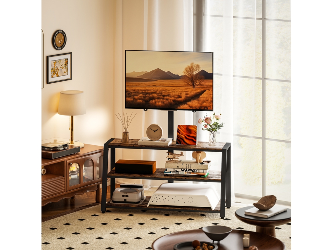 Móvel Para Tv Com Suporte P/ Televisores De 32-70 Polegadas, Prateleiras Abertas, Ângulo Ajustável 35°, 108x41x135cm, Castanho