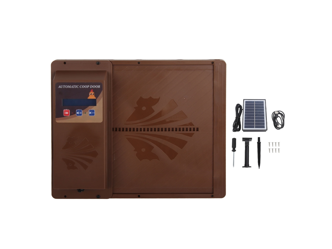 Porta Automática de Galinheiro Solar com Timer Display Led 3 Modos de Energia Abertura Horizontal Marrom