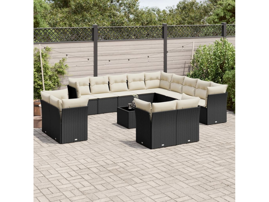 14 Pcs Conjunto De Sofás P/ Jardim C/ Almofadões Vime Pe Preto Dkd Home Decor