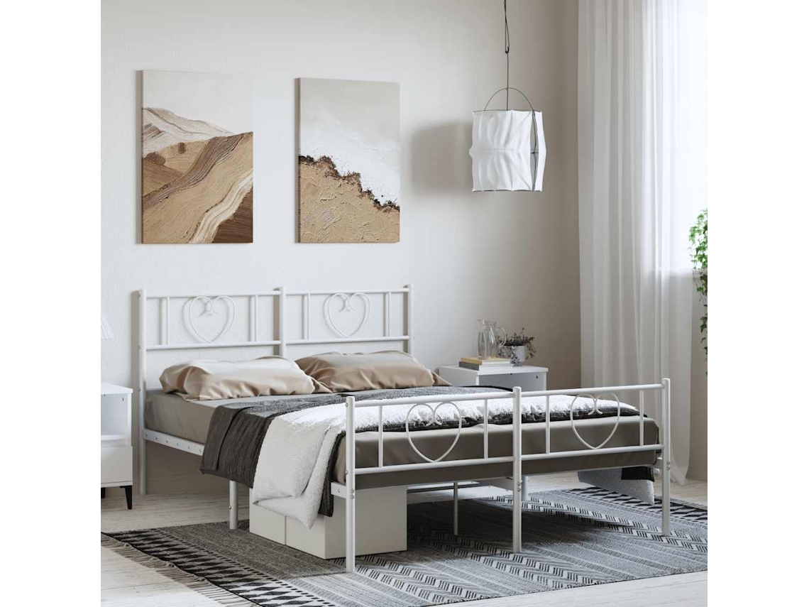 Cama De Casal | Camas Para Quarto | Estrutura De Cama Com Cabeceira E Pés 150x200 Cm Metal Branco