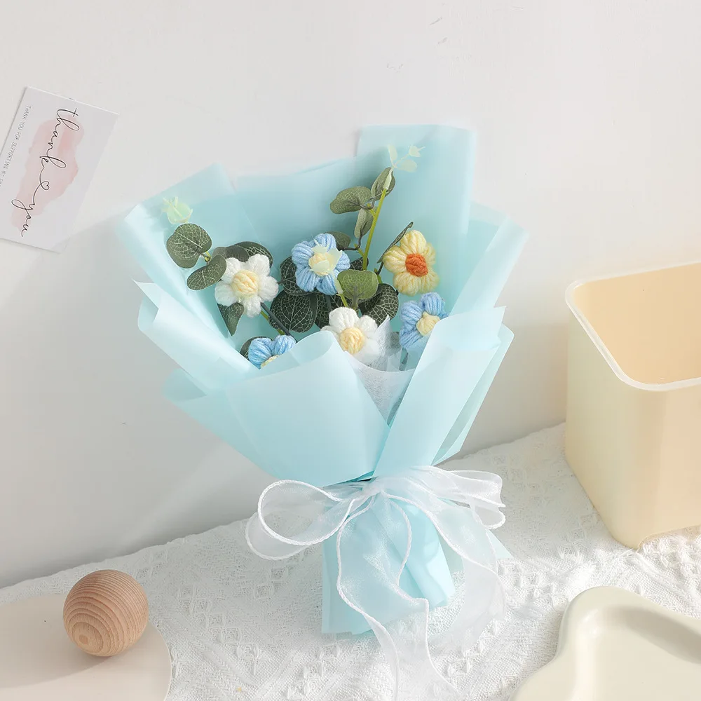 (azul) Buquê De Flores Artificiais De Crochê, Buquê Colorido Tecido À Mão, Presente Para O Dia Dos Namorados