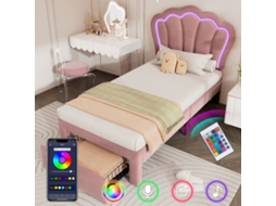 Cama Led 90x190cm, Estofada Rosa Veludo, Com Ripas E Gavetas, Cabeceira Ajustável, App Para Iluminação