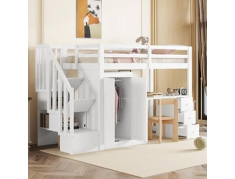 Cama Alta, 90 X 200 Cm, Cama Com Estrado De Ripas (sem Colchão), Cama Com Roupeiro E Escada, Secretária, Gavetas E Roupeiro, Branco