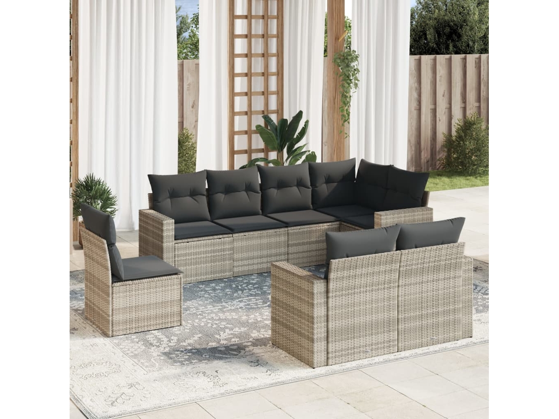 Vidaxl 8 Pcs Conj. Sofás Jardim C/ Almofadões Vime Pe Cinzento-claro
