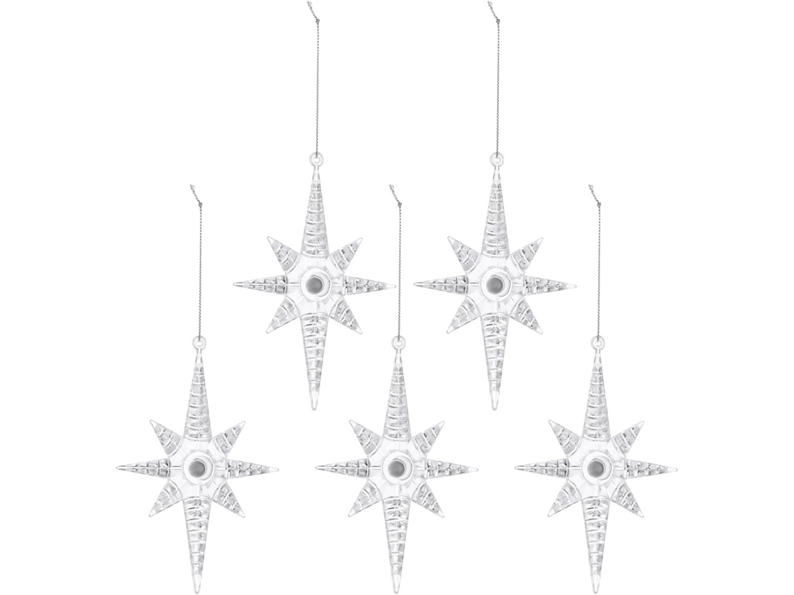 Conjunto 5 Pingentes Decorativos Formato Estrela Pontas Led Brilhante Feitos Plástico Tamanho Ideais Decoração GOKOCO