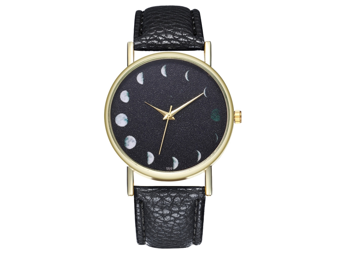 Reloj De Pulsera Analógico De Cuarzo Con Correa De Pu Y Dial Redondo Luna Negro Zhoulianfa