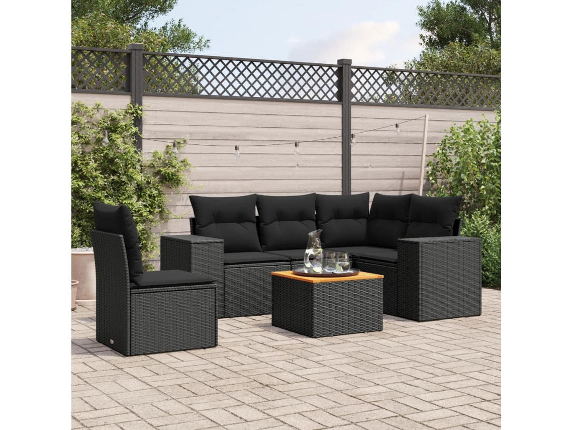 Vidaxl 6 Pcs Conjunto Sofás De Jardim C/ Almofadões Vime Pe Preto